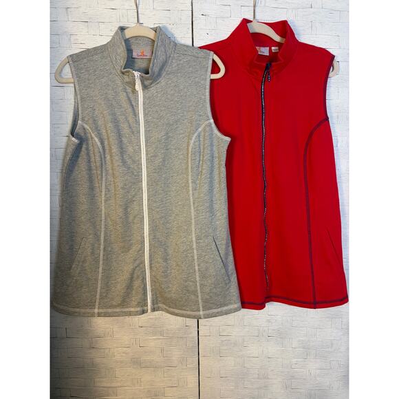 Quacker factory 2 women’s sweatshirt sleeveless red gray pockets rhinestone zip - Picture 2 of 13